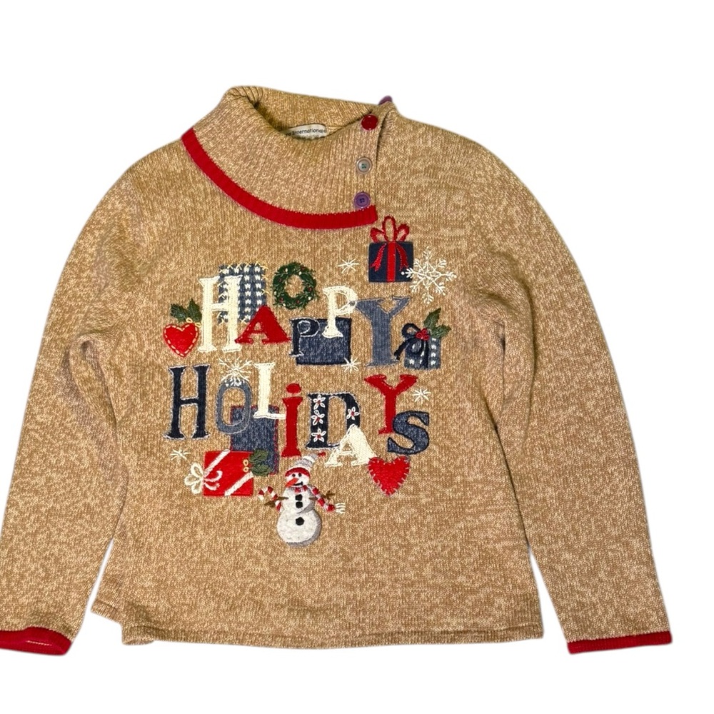 Vintage holiday‎ Sweater purl knit embroidered marled Medium tan red snowman